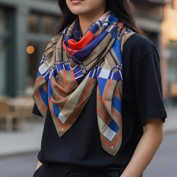 Tiktiner Vintage Oversized Square Scarf Wrap Plaid Geo Print Semi Sheer Cotton